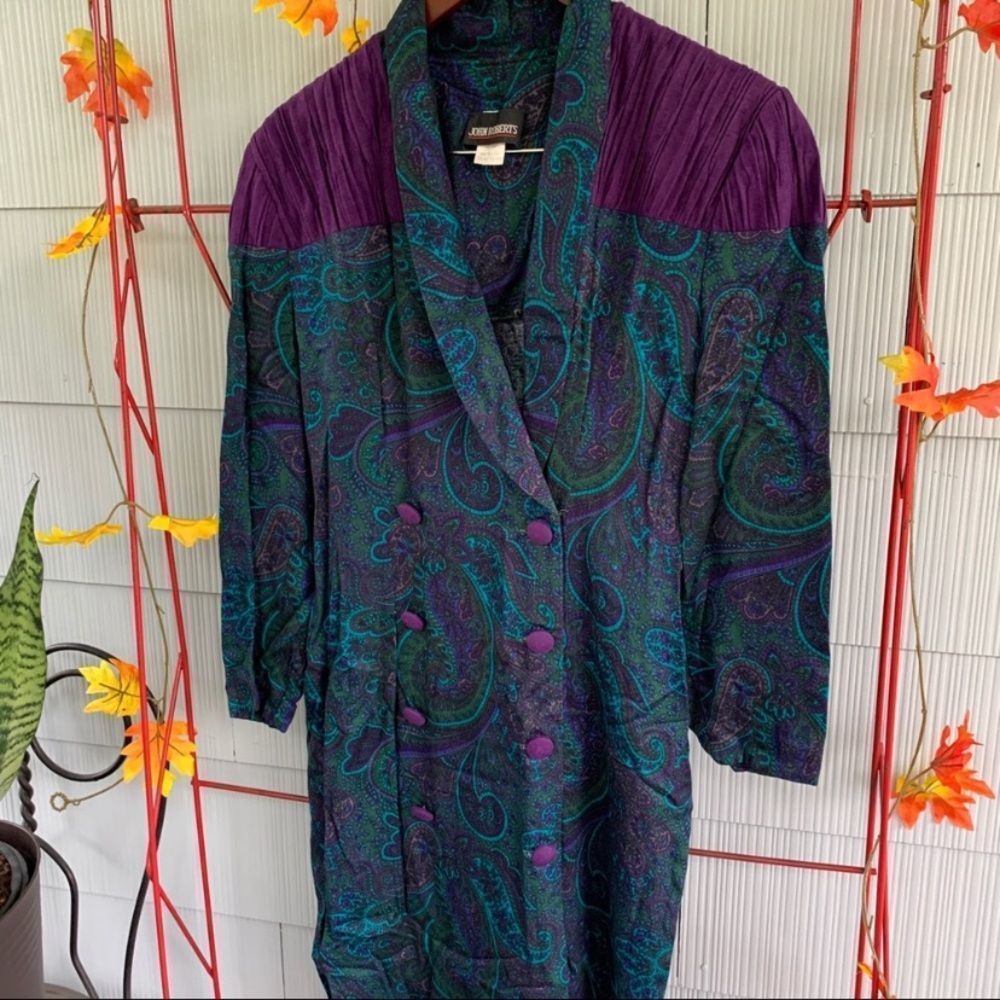 💚Double Breasted Long Sleeve Suit Dress Vintage 80s Jewel Tone Paisley Medium